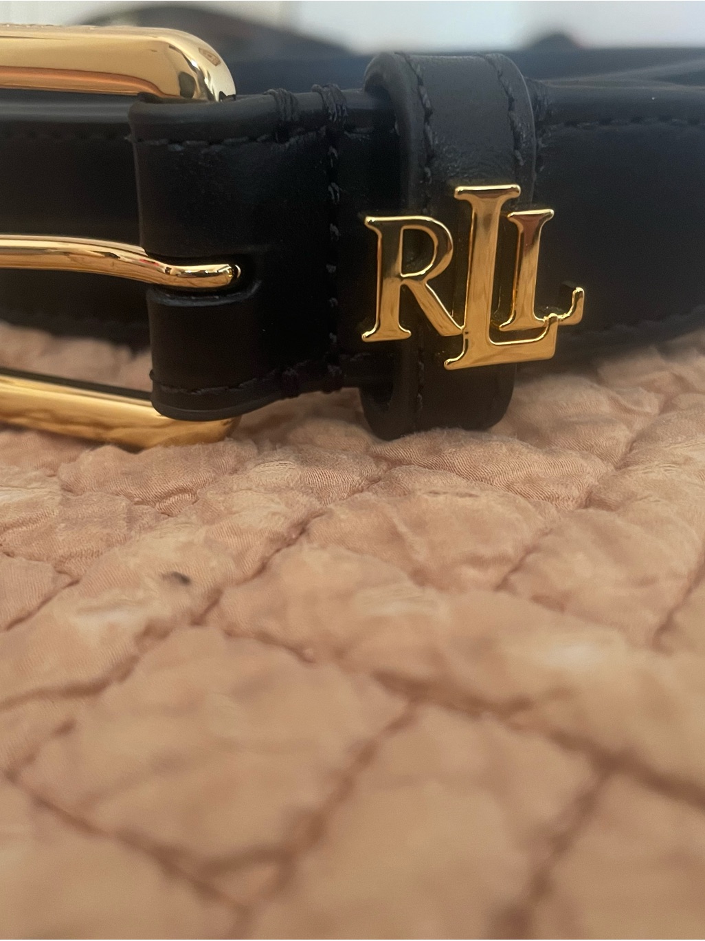 Ralph Lauren Black Leather Belt With Gold Rl Initial Accent Size L New